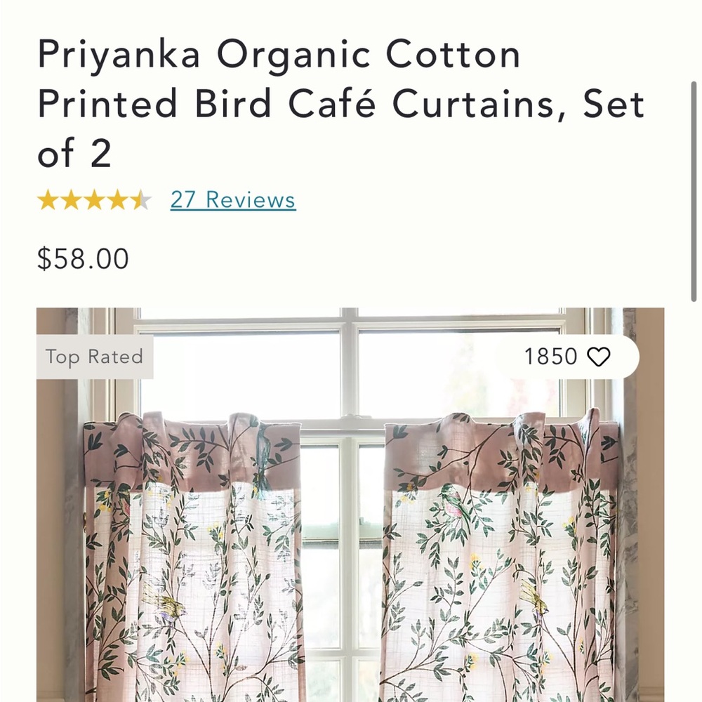Anthro Priyanka Organic Cotton
Printed Bird Café Curtains